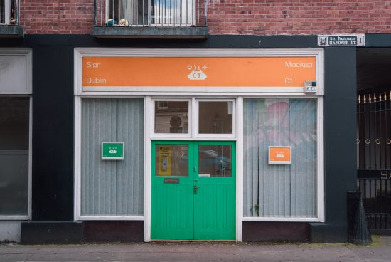 Storefront mockup with green door and orange sign in an urban setting, perfect for presentations and branding projects.